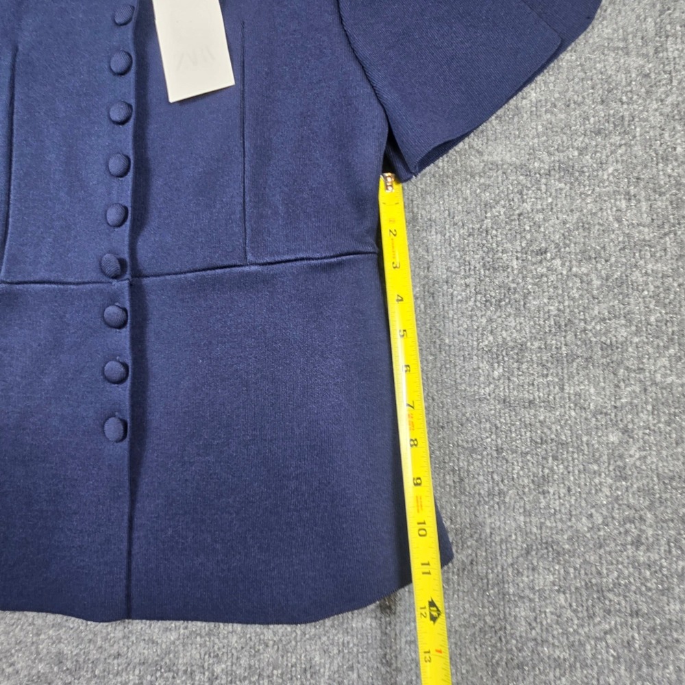 Zara Peplum Top Womens Large Navy Blue NWT Petal Sleeve Button Front Knit - Picture 7 of 8